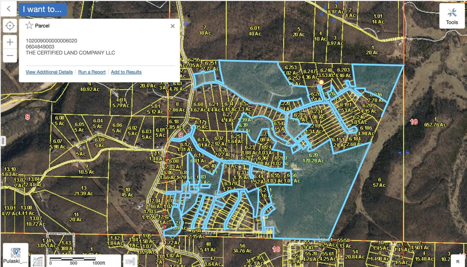 Pulaski County GIS parcel map of the Osage Hills subdivision and surrounding tracts