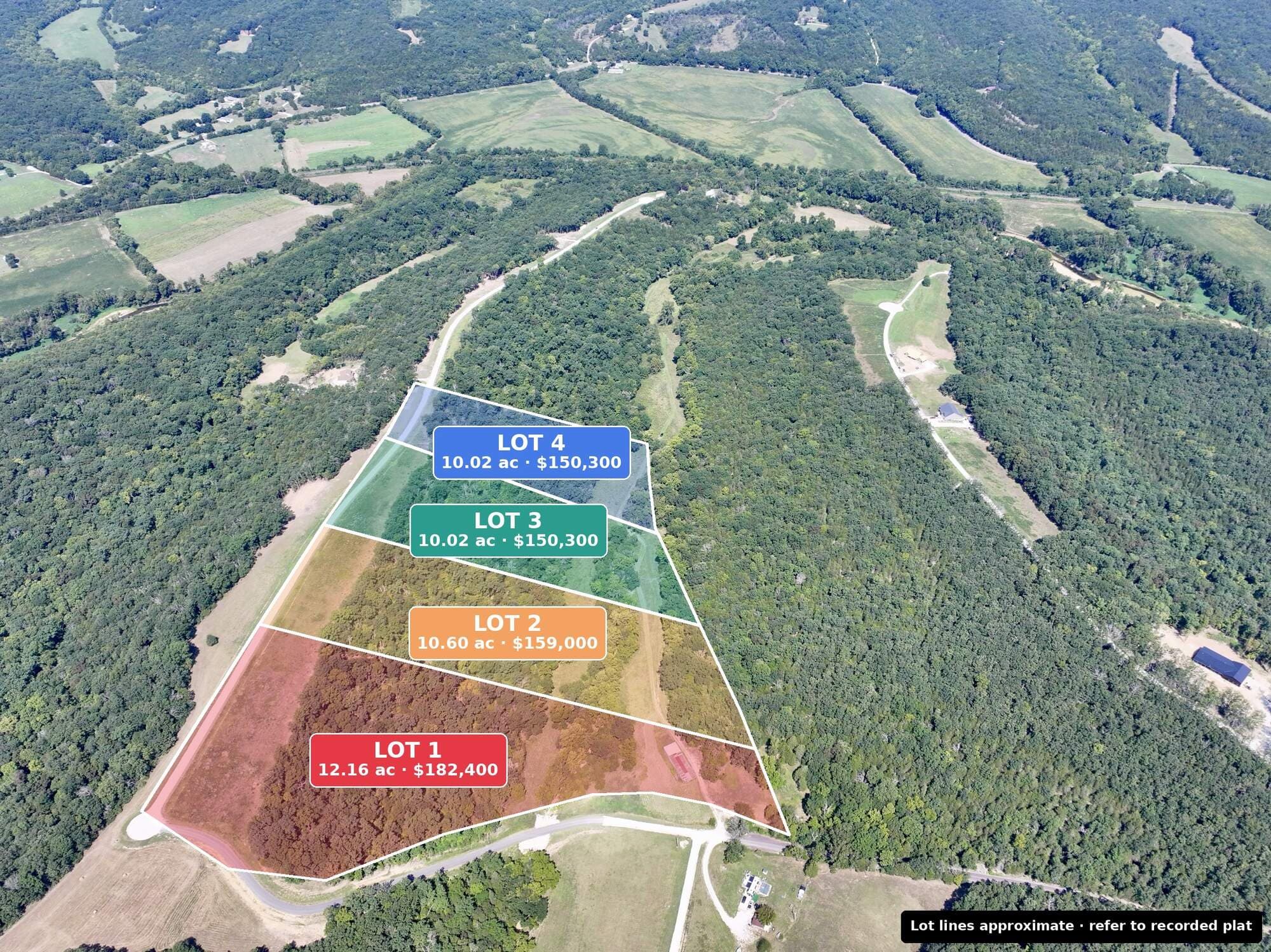 Drone view of Tanglefoot Farm with Lots 1–4 outlined and priced, outside Festus, Missouri