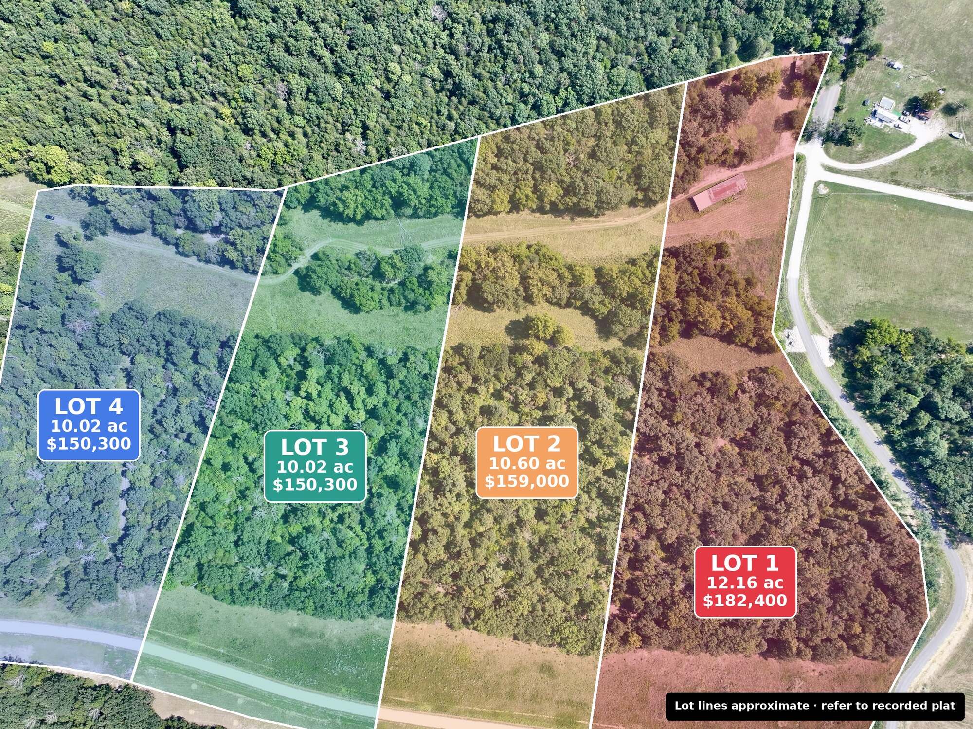 Overhead drone view of the four Tanglefoot Farm lots along Tanglefoot Farms Road