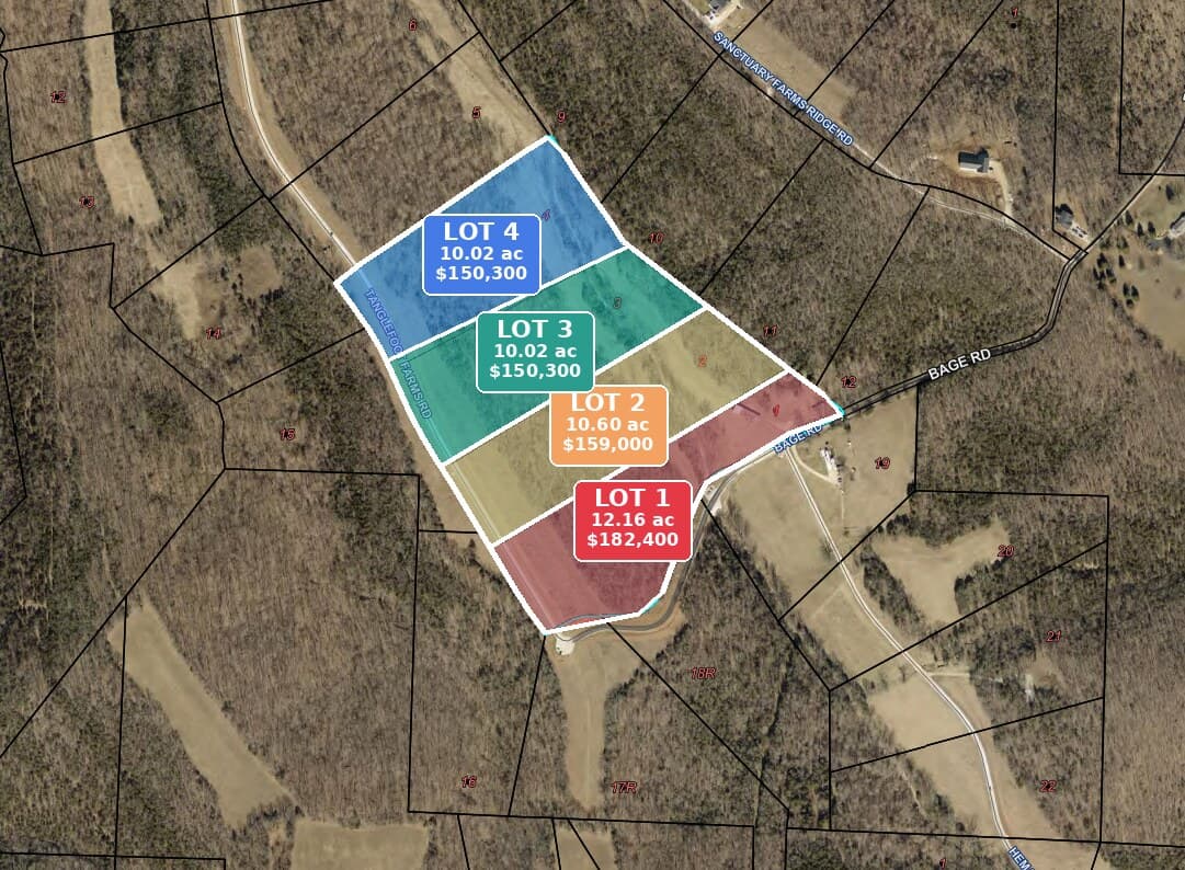 Color-coded map of Tanglefoot Farm Lots 1–4 with acreage and prices