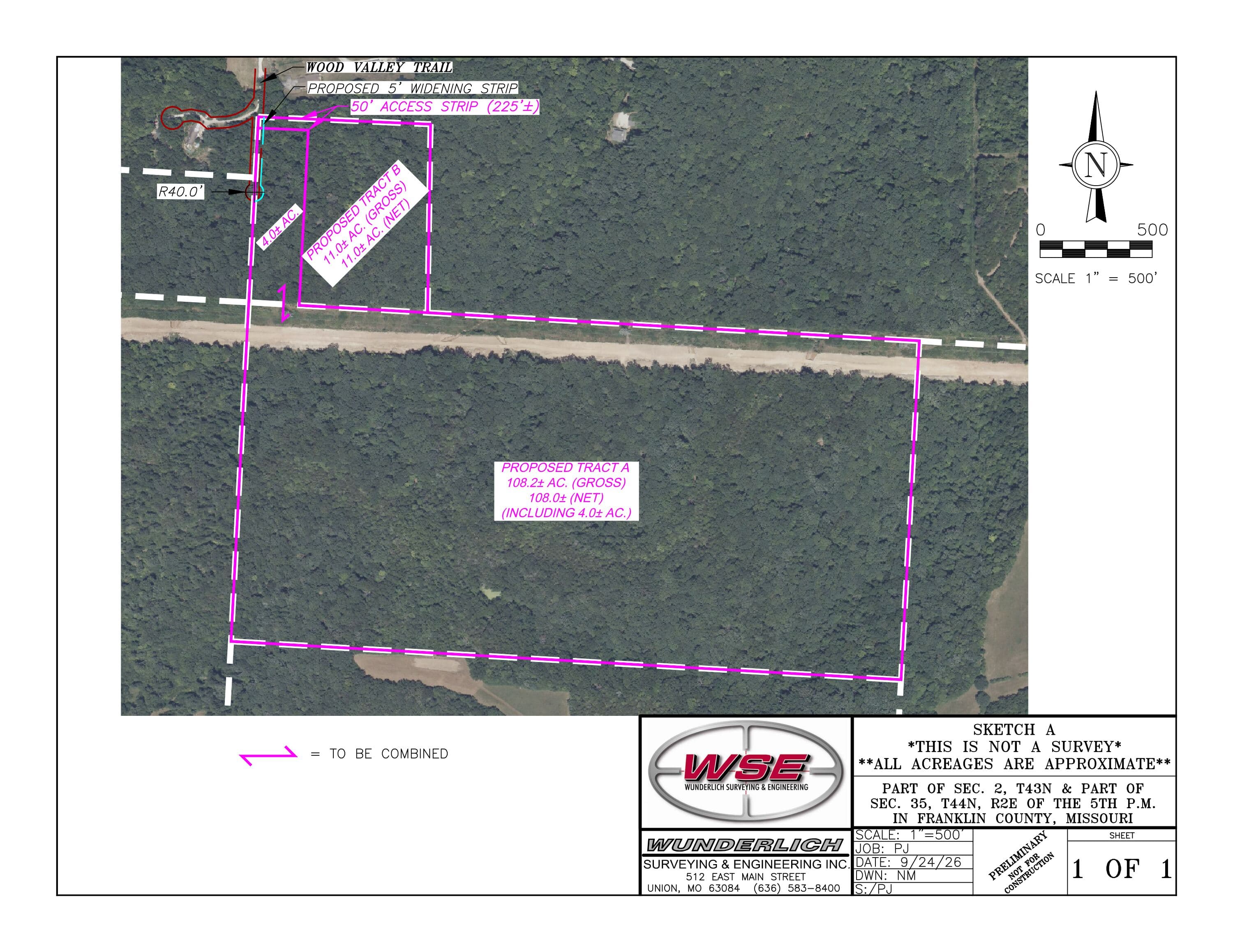 Sketch A tract layout by Wunderlich Surveying & Engineering showing Gobblers Knob and the 50' access strip to Wood Valley Trail