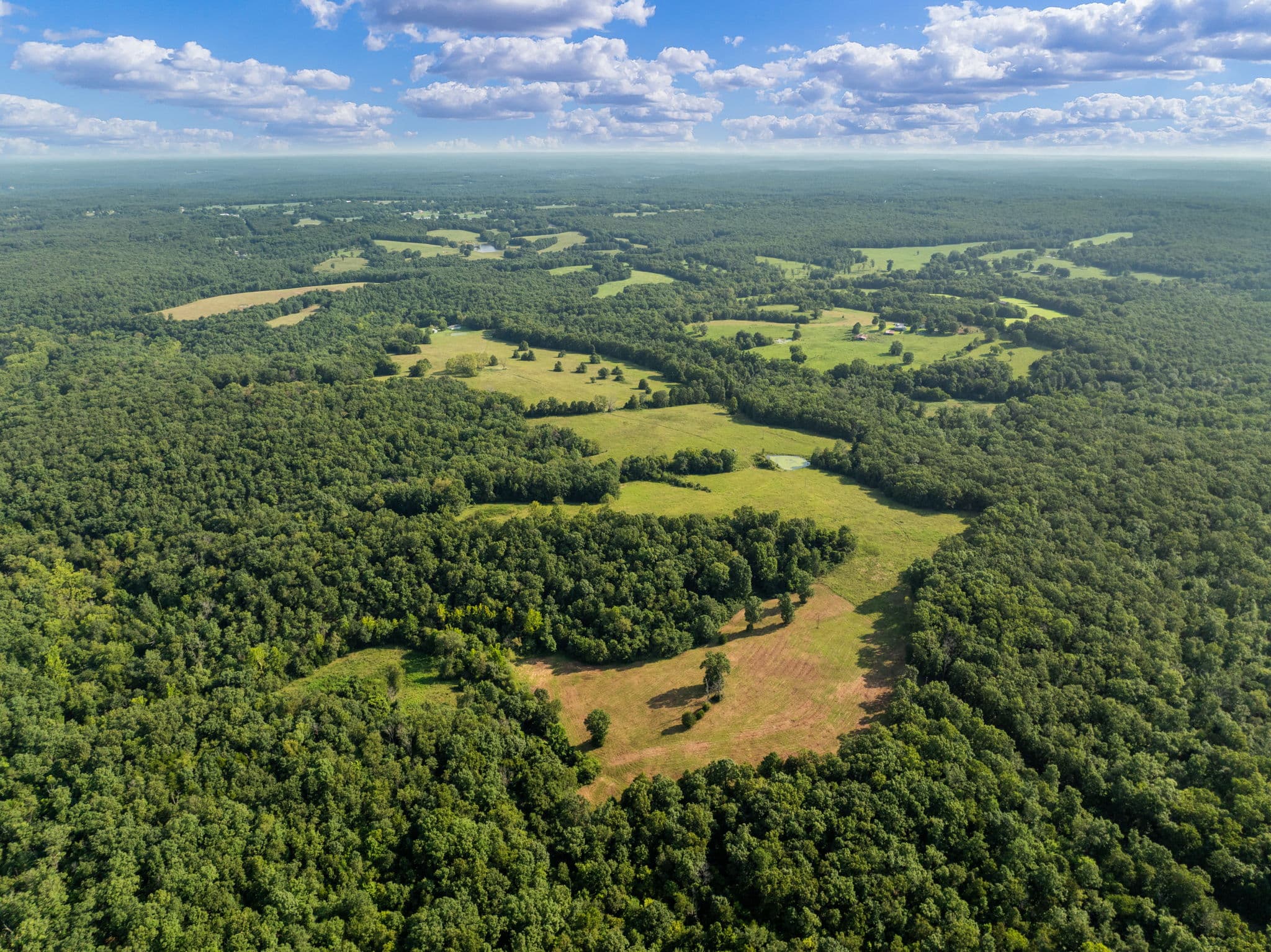 Aerial of rolling pasture and timber across the ranch