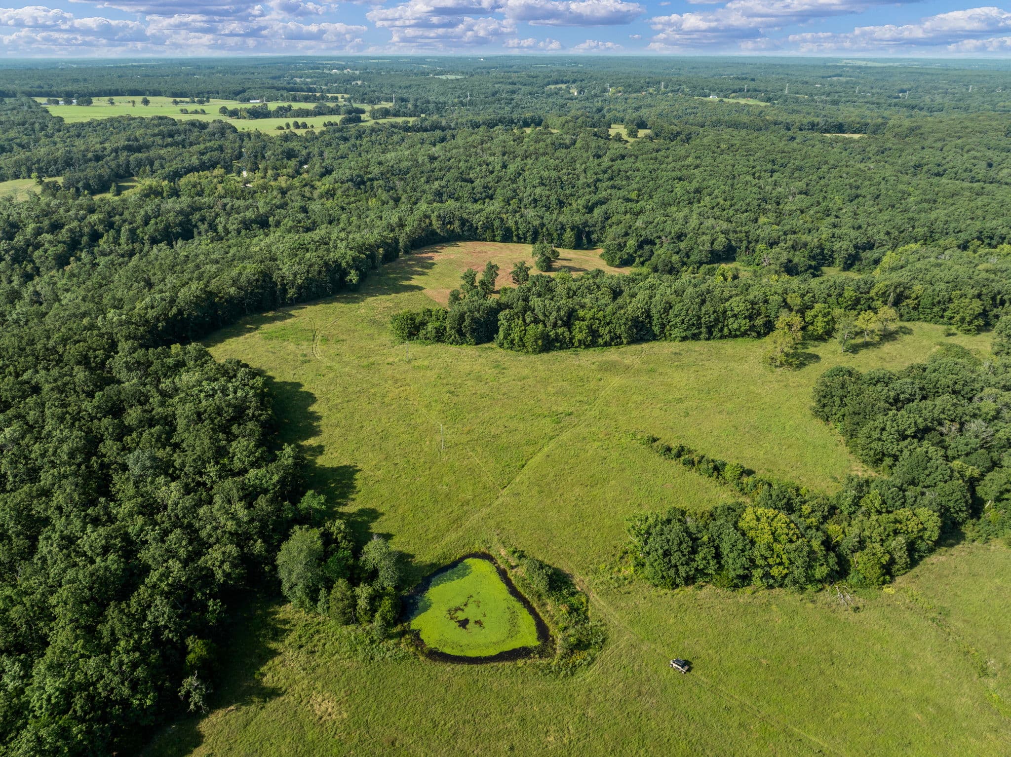 Aerial of the pond and surrounding pasture
