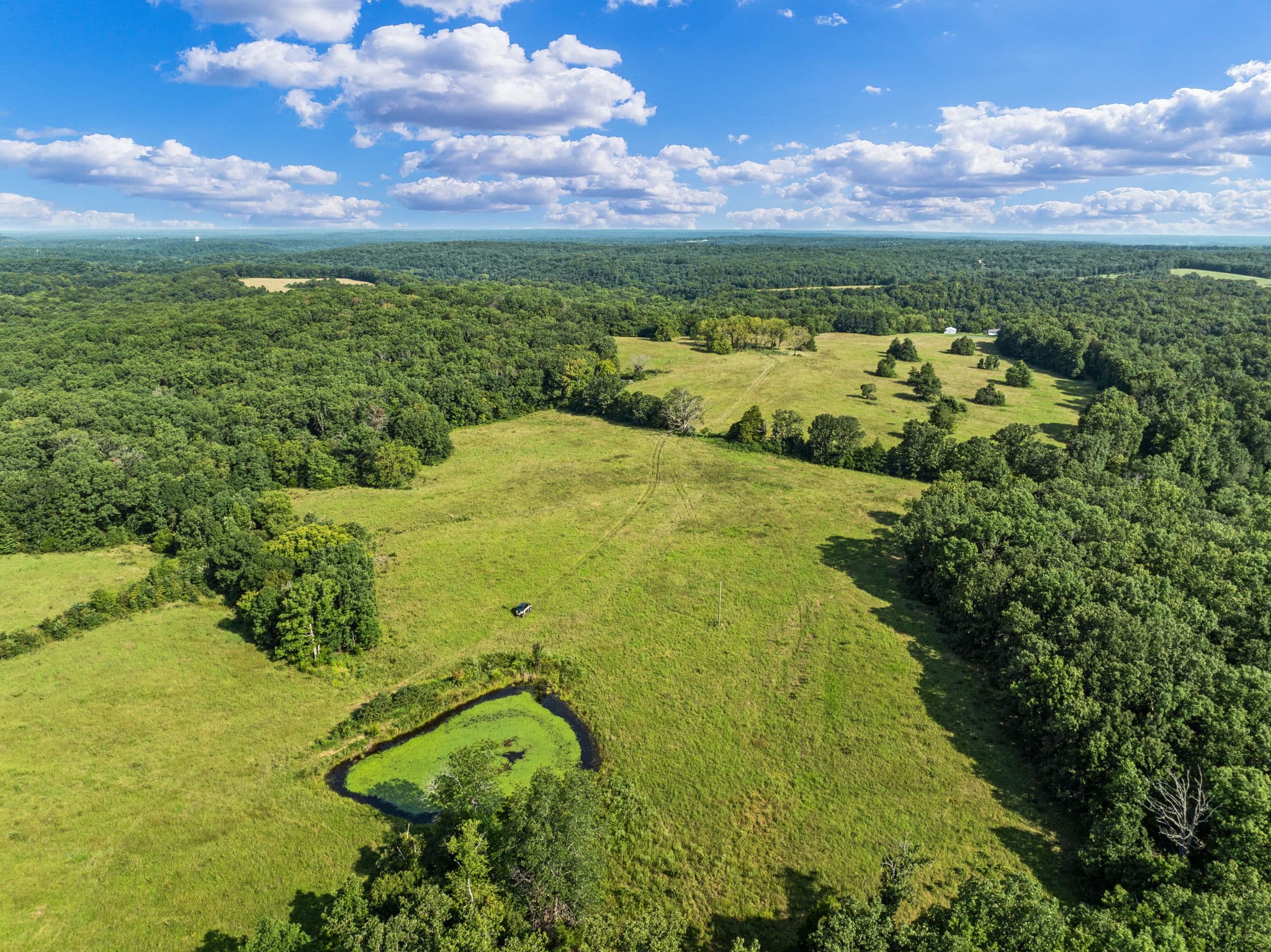 Aerial of pasture and pond on the ranch
