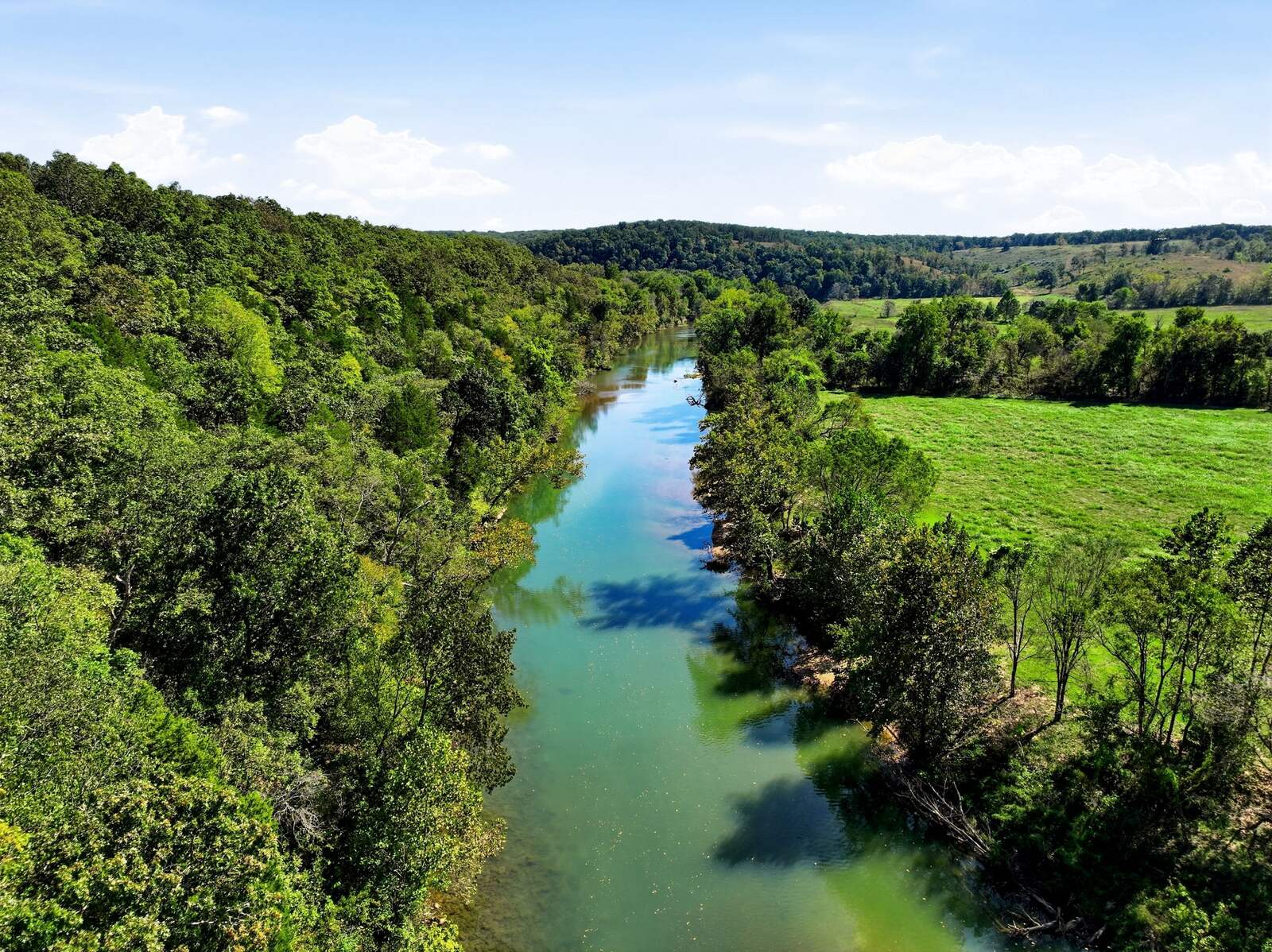 Aerial of the river and pasture upstream from Meramec Trails