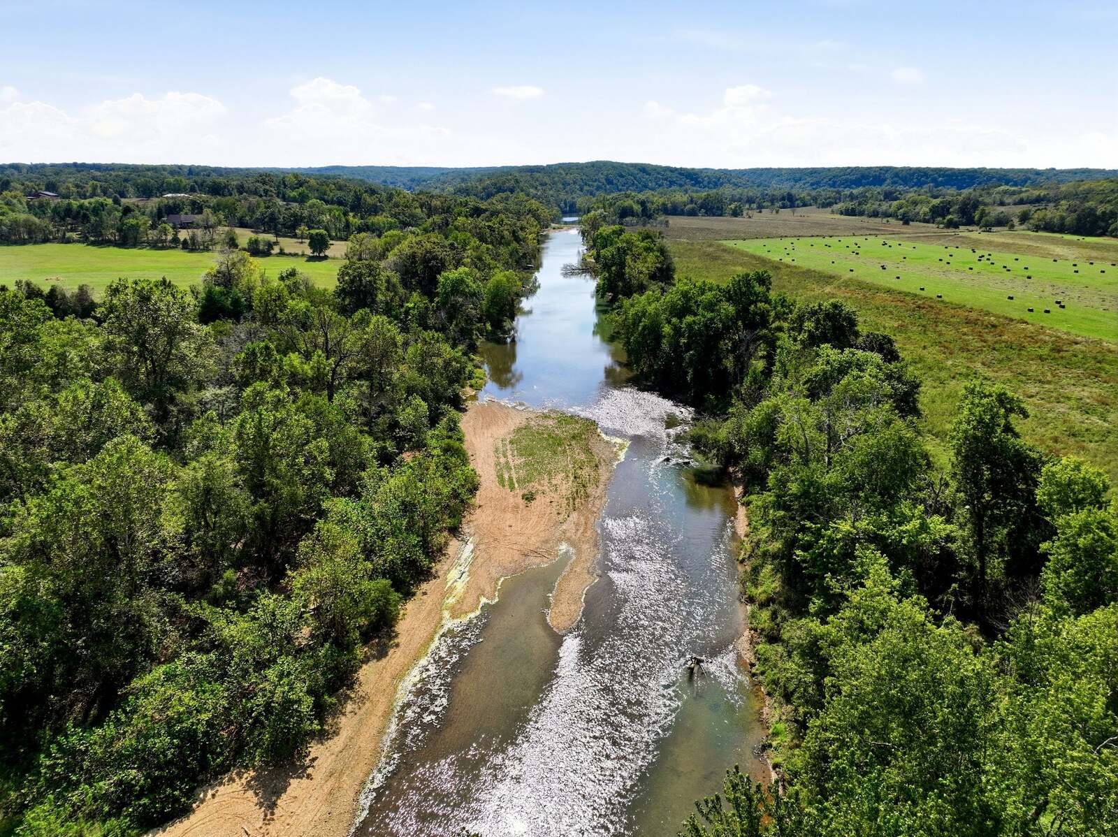 Aerial of the gravel bar and riffle on the Meramec River
