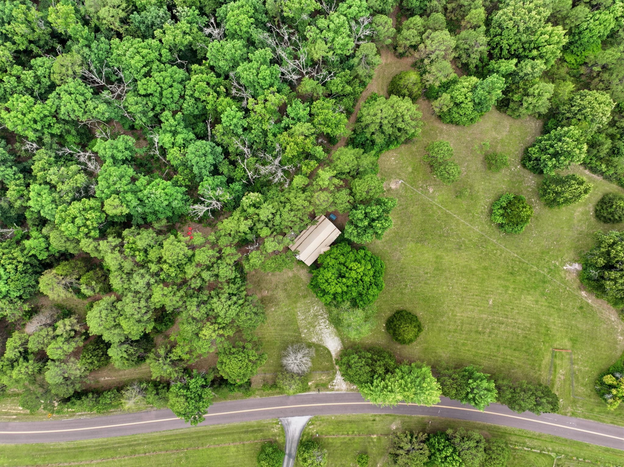 Overhead aerial of the cabin clearing and treeline