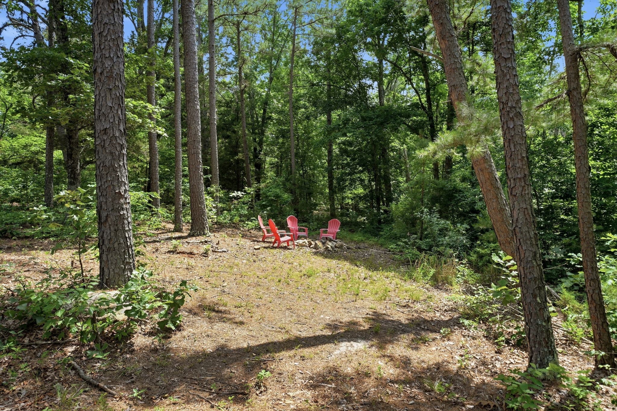 Fire pit seating area in the pines